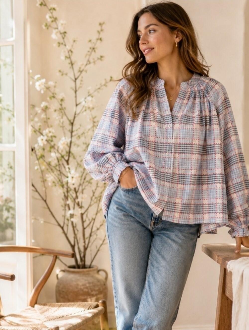 FRNCH Paris Maile Plaid Oversized Blouse M French Girl Cotton Top